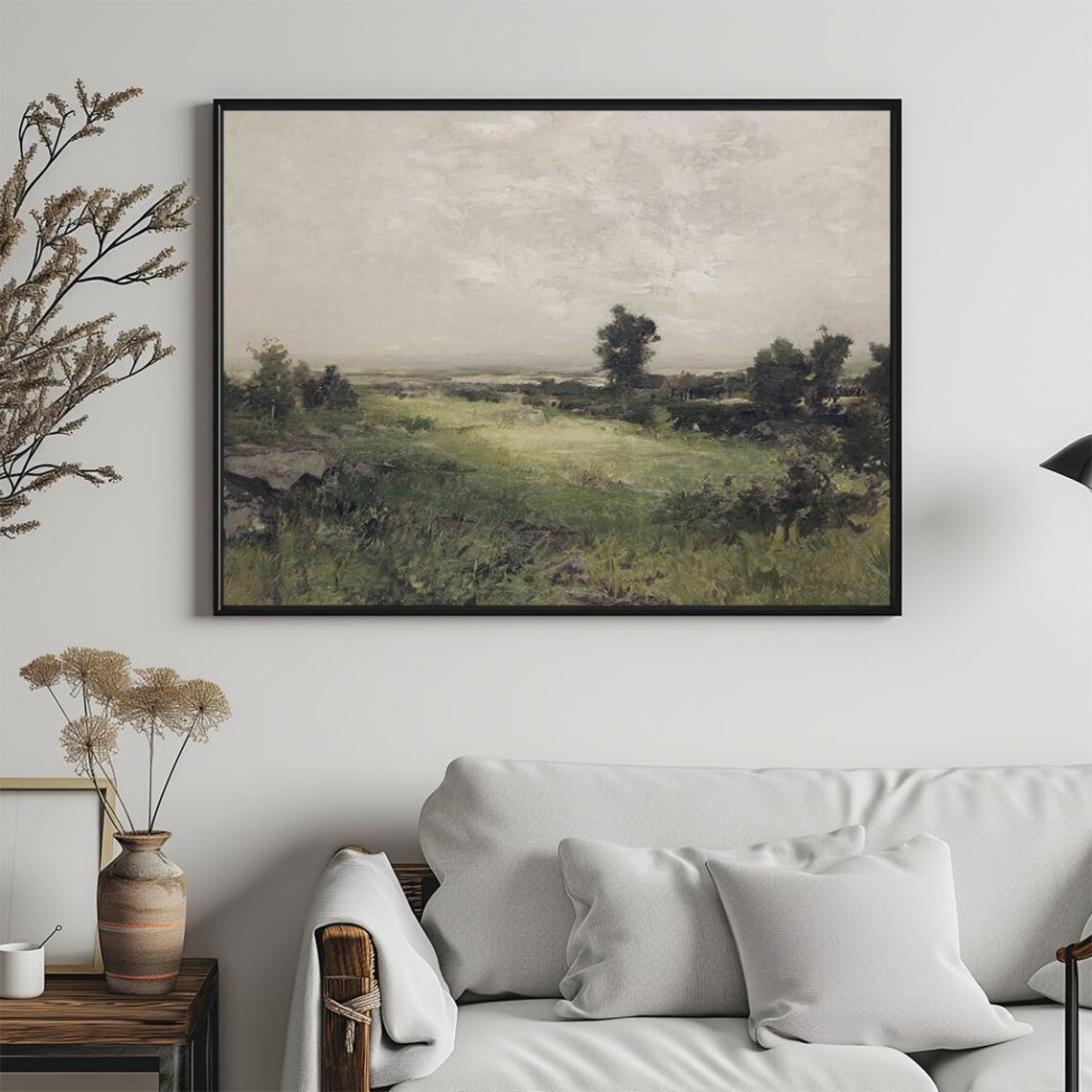 Green Pasture Misty Gray Sky Quiet Meadow Vintage Oil Painting Poster - Image 5