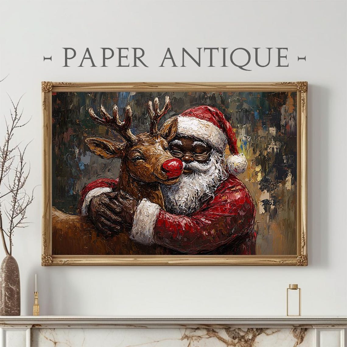 Santa Hugging Reindeer Textured Oil Painting Heartwarming Poster