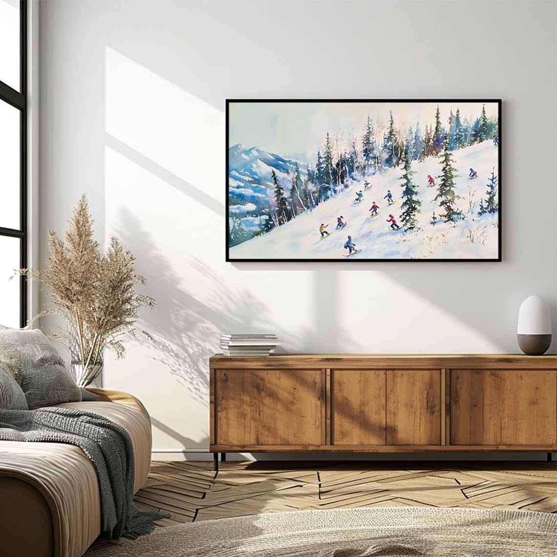 Winter Sledding Scene Painting Joyful Snow Fun Watercolor Poster - Image 4