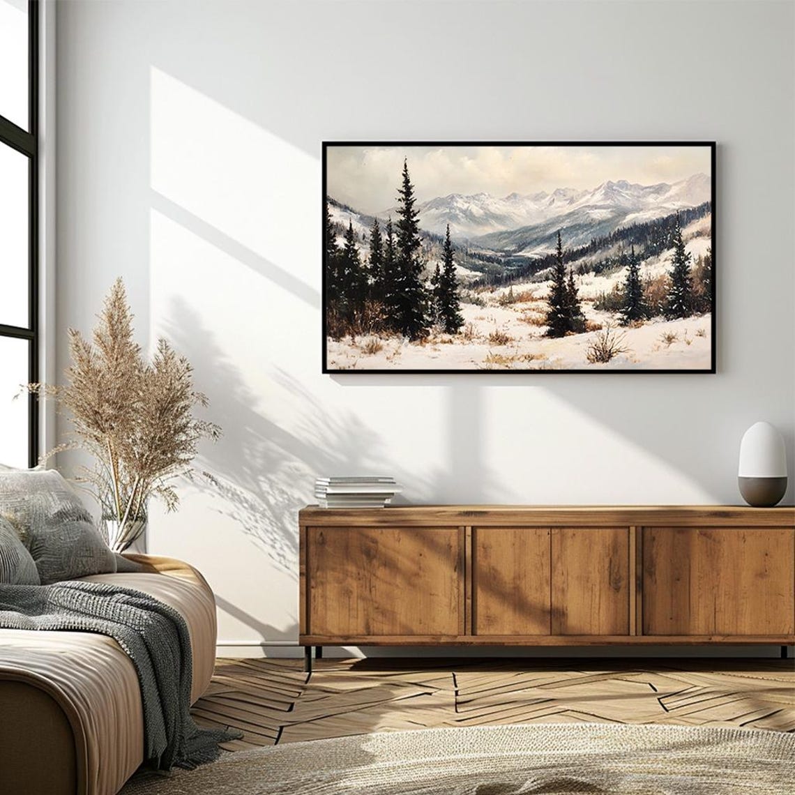 Snow Covered Mountain Valley Pine Trees Winter Scene Art Poster - Image 4