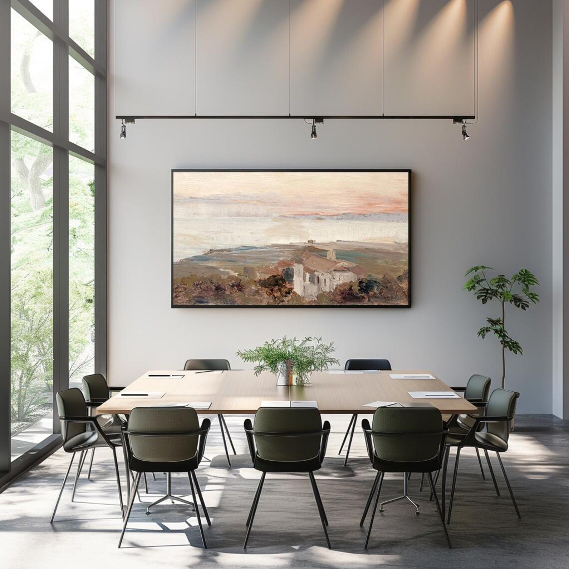 Blush Sunset Sky Village Hills Vintage Pastel Landscape Poster - Image 3