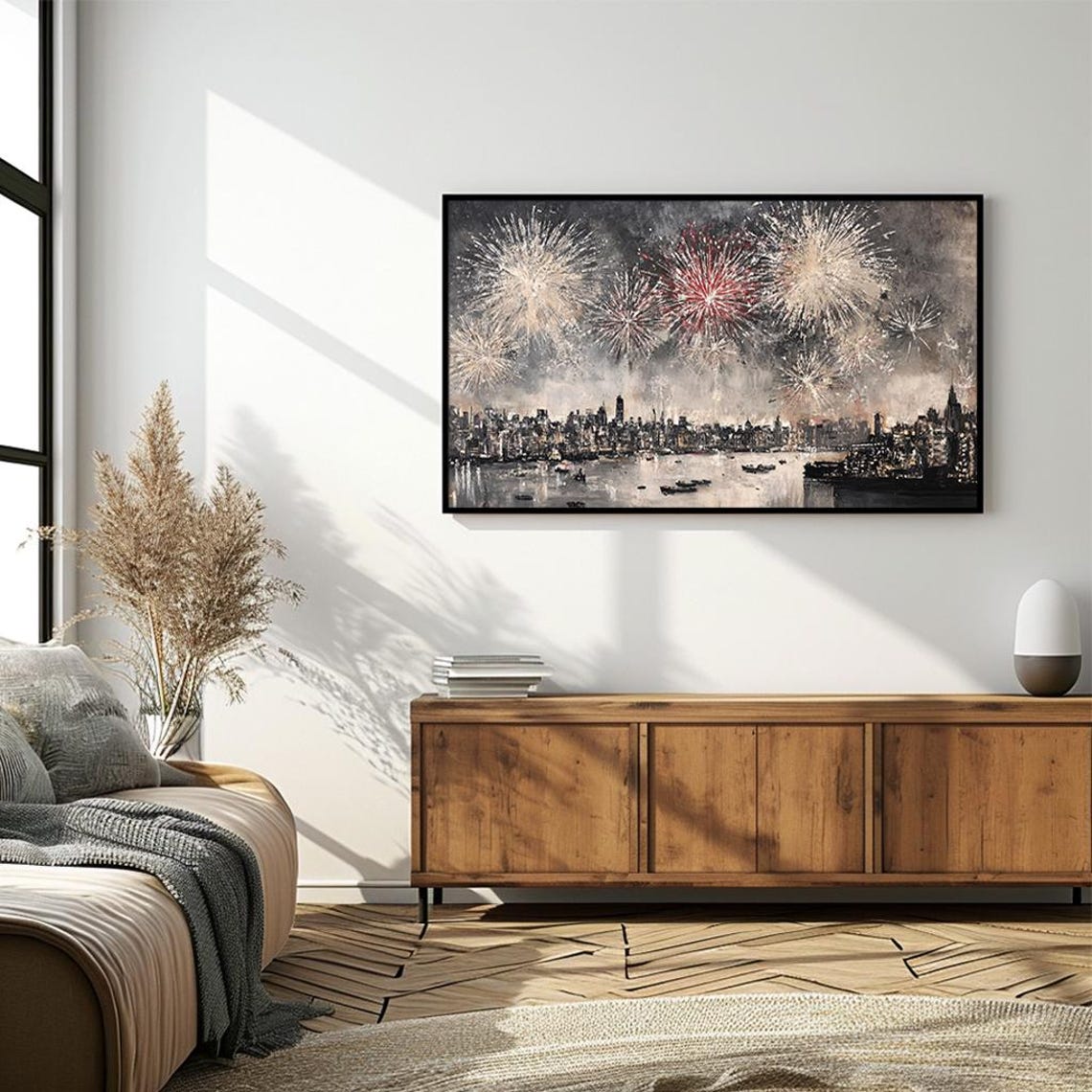 Dramatic Fireworks Over City Skyline Night Celebration Art Poster - Image 4