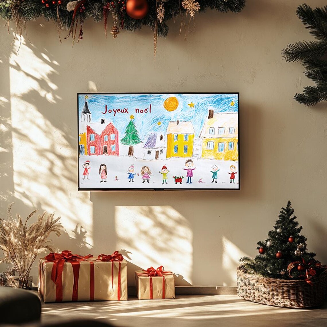 Joyful Christmas Village Children Drawing Joyeux Noel Art Poster - Image 3