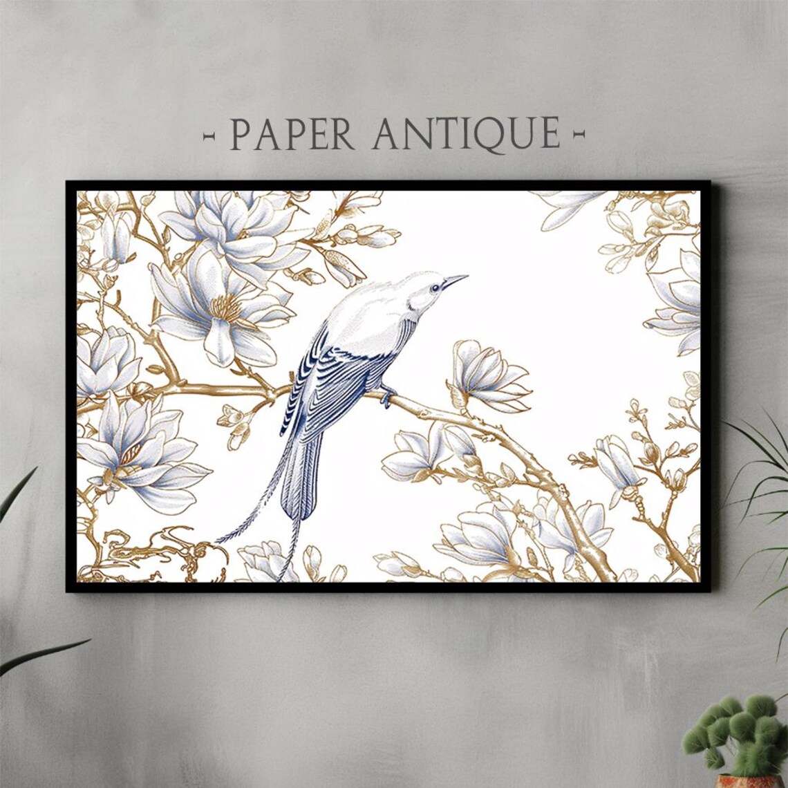Elegant Bird on Magnolia Branch Chinoiserie Style Art Poster