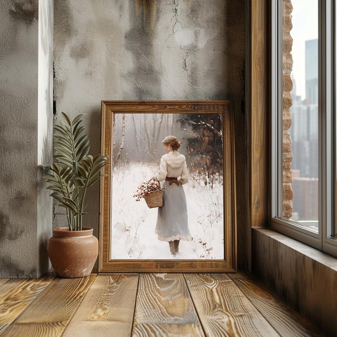 Woman Gathering Pinecones In Snowy Winter Forest Scene Poster - Image 3