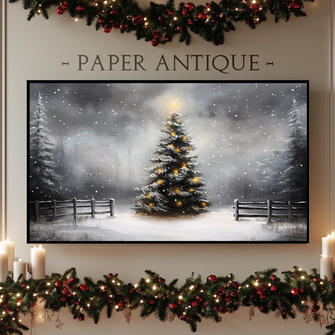 Snowy Christmas Tree With Lights Wooden Fence Winter Art Poster