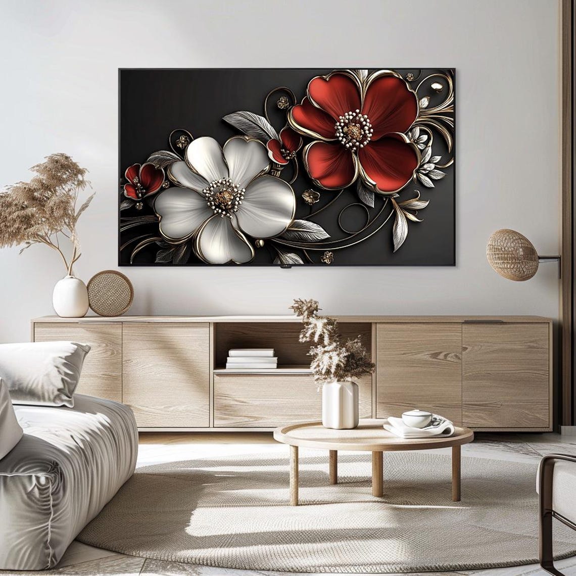 Red White Metallic Flowers Black Background 3D Floral Art Poster - Image 5