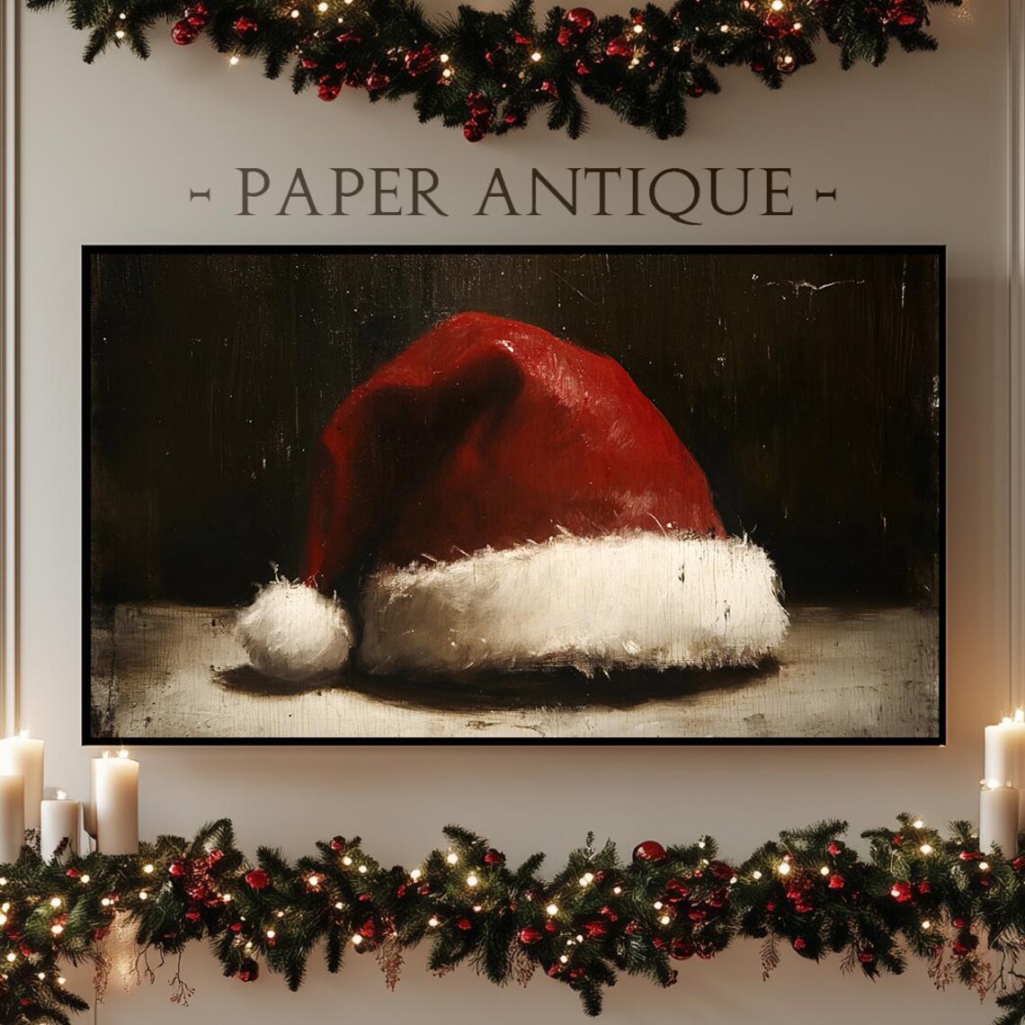 Vintage Red Santa Hat Rustic Christmas Still Life Art Poster