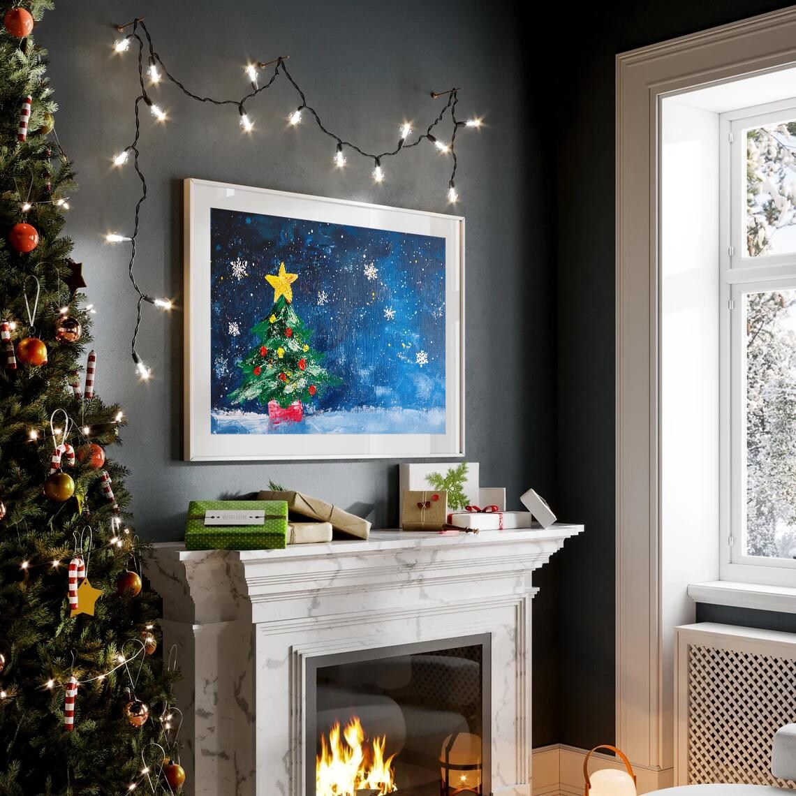 Christmas Tree Painting Starry Night Holiday Wall Art Festive Winter Decor Whimsical Artwork Instant Ls - Image 2