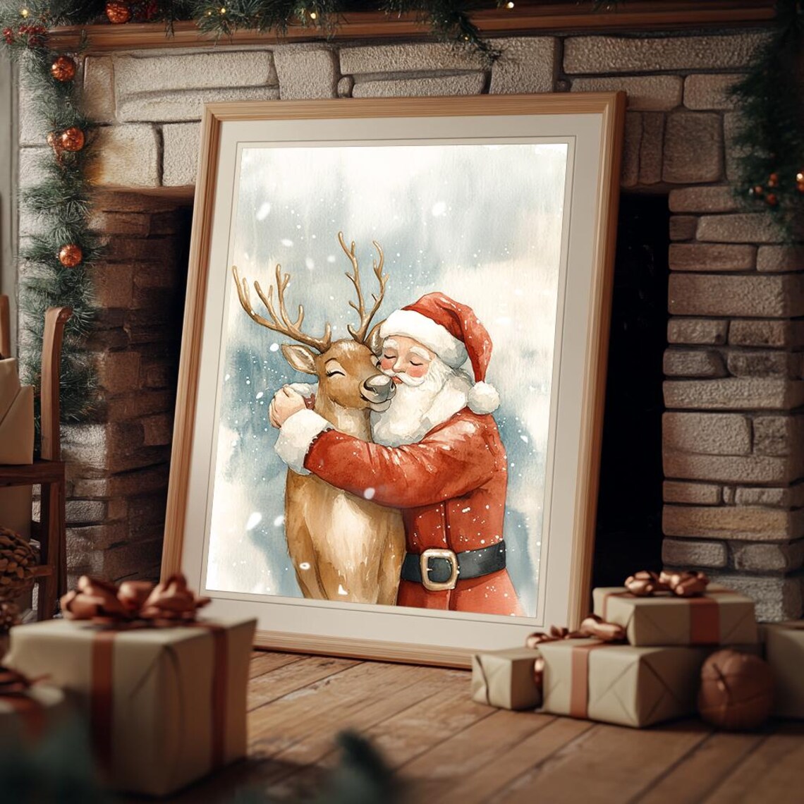 Santa Claus Embracing Reindeer in Snowfall Watercolor Christmas Poster - Image 3