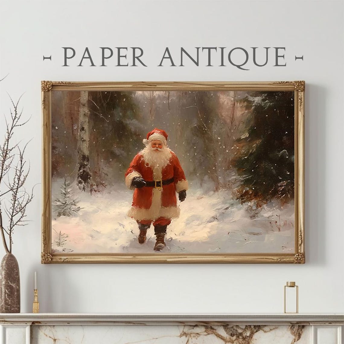 Santa Claus Walking in Snowy Forest Vintage Oil Painting Poster