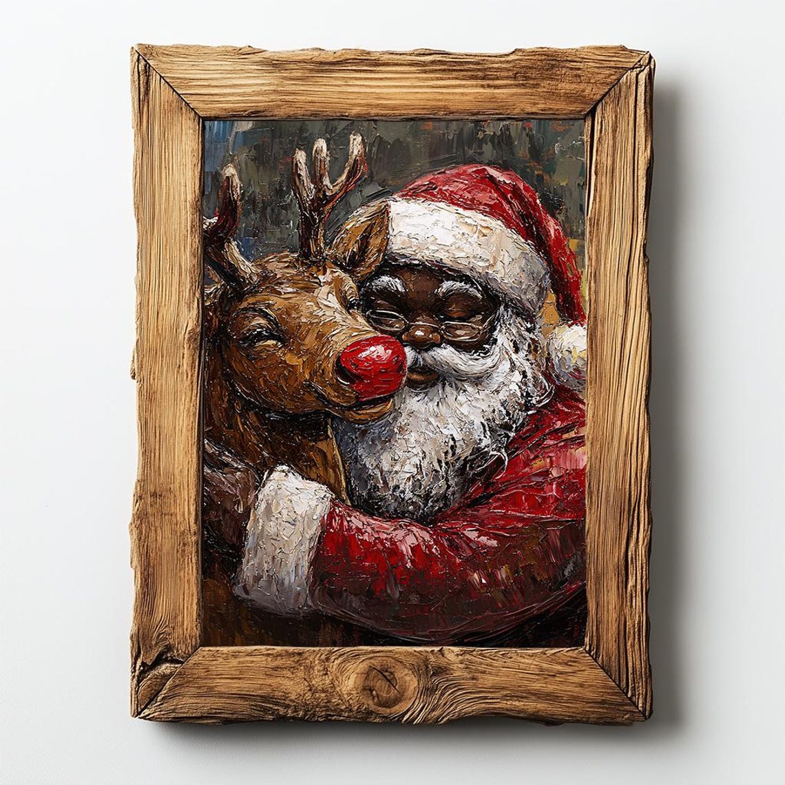 Black Santa Hugging Reindeer Textured Impasto Christmas Poster