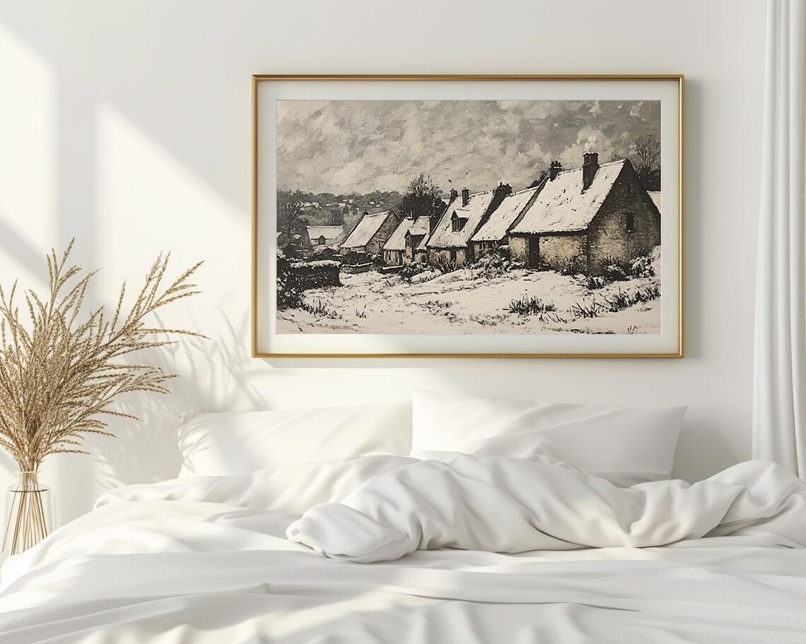 Monochrome Snowy Village Stone Cottages Vintage Winter Art Poster - Image 2