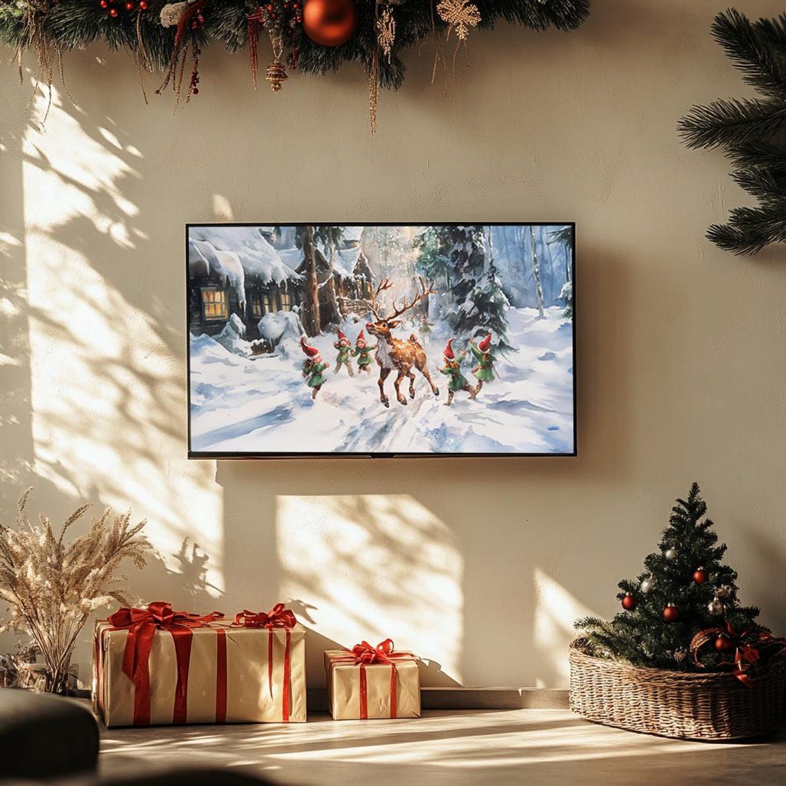 Reindeer and Elves in Snowy Forest Watercolor Christmas Poster - Image 3