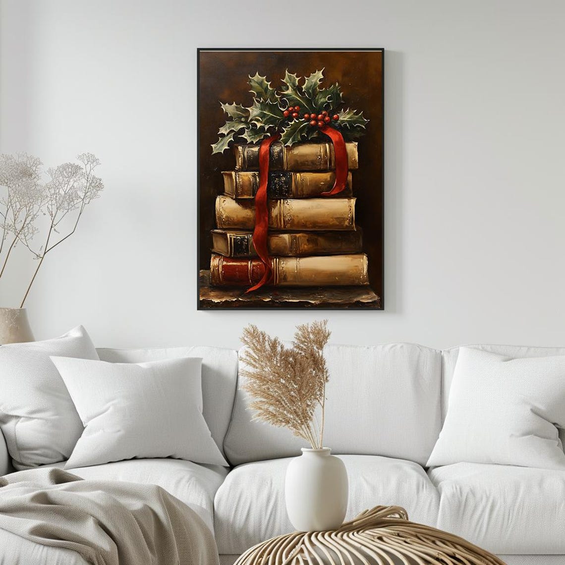 Antique Books Stack with Holly Berries Red Ribbon Christmas Poster - Image 5