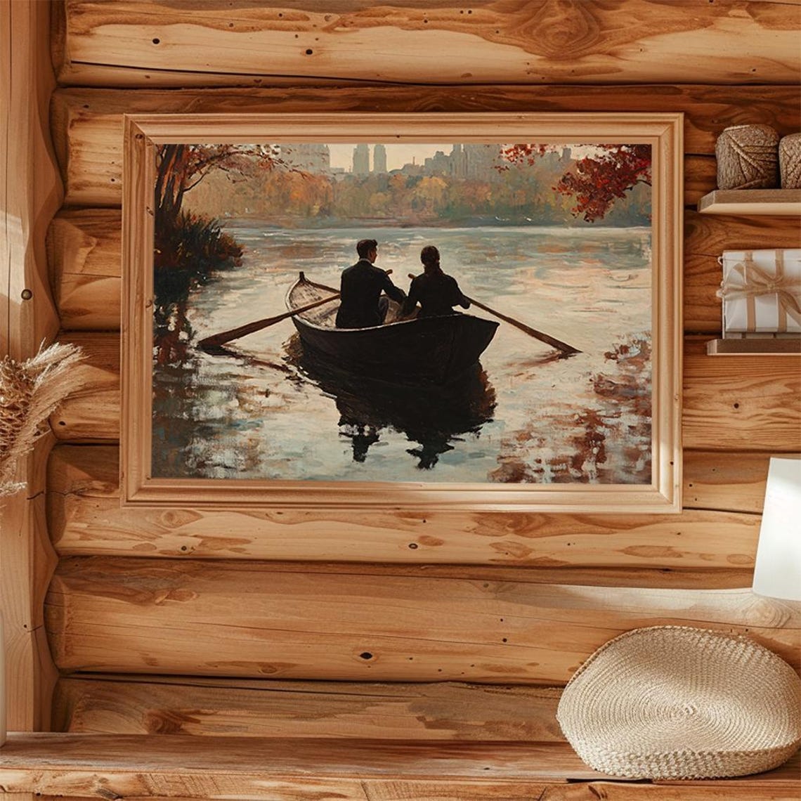 Romantic Couple Rowing Boat on Autumn Lake City Skyline Poster - Image 4