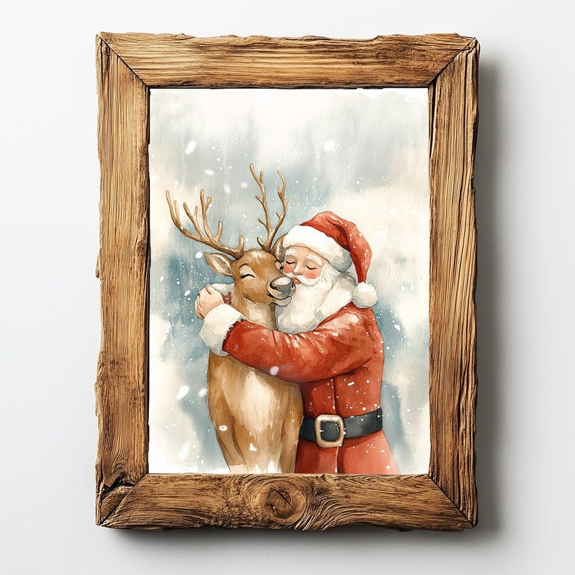 Santa Claus Embracing Reindeer in Snowfall Watercolor Christmas Poster - Image 2