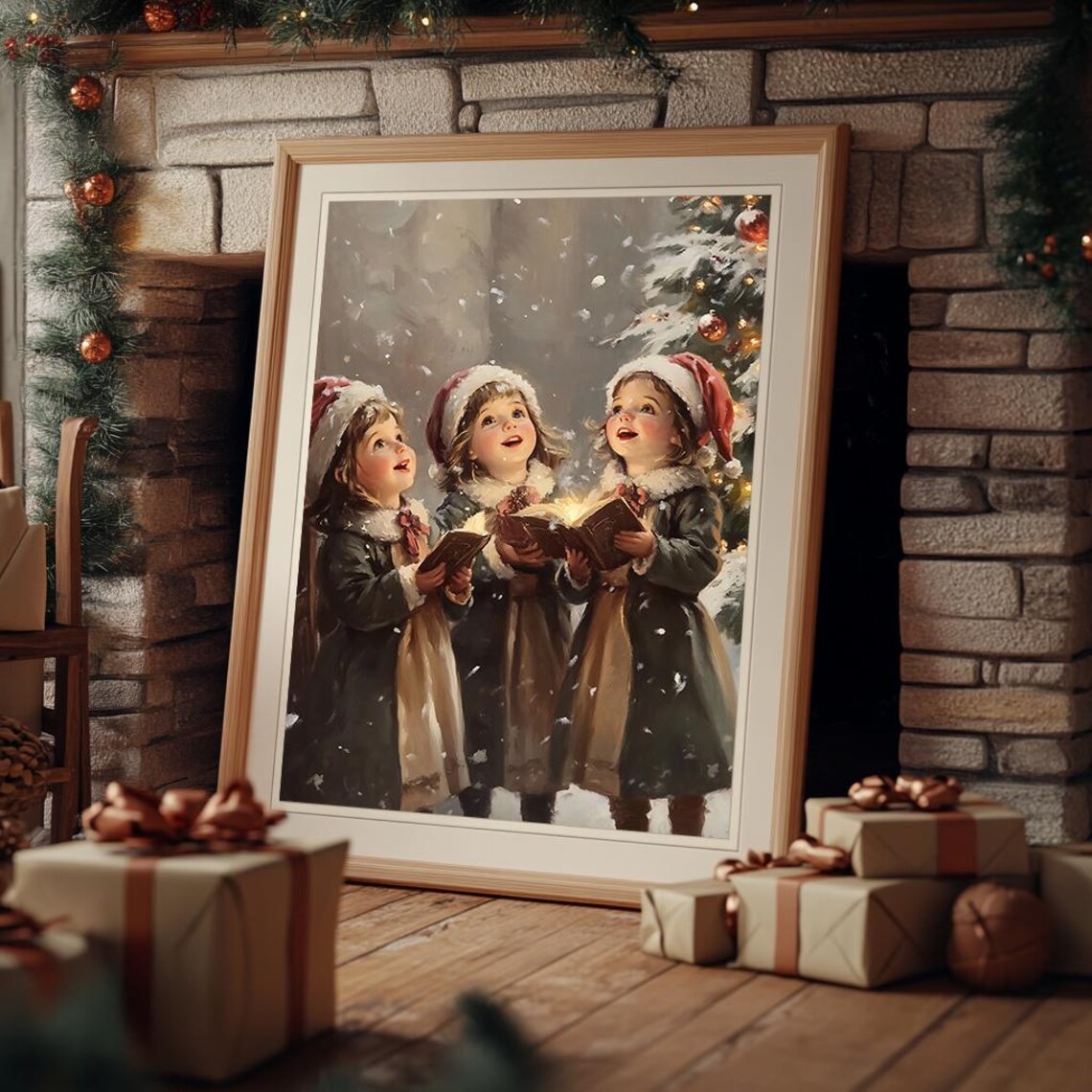 Three Children Caroling In The Snow Vintage Christmas Choir Poster - Image 2