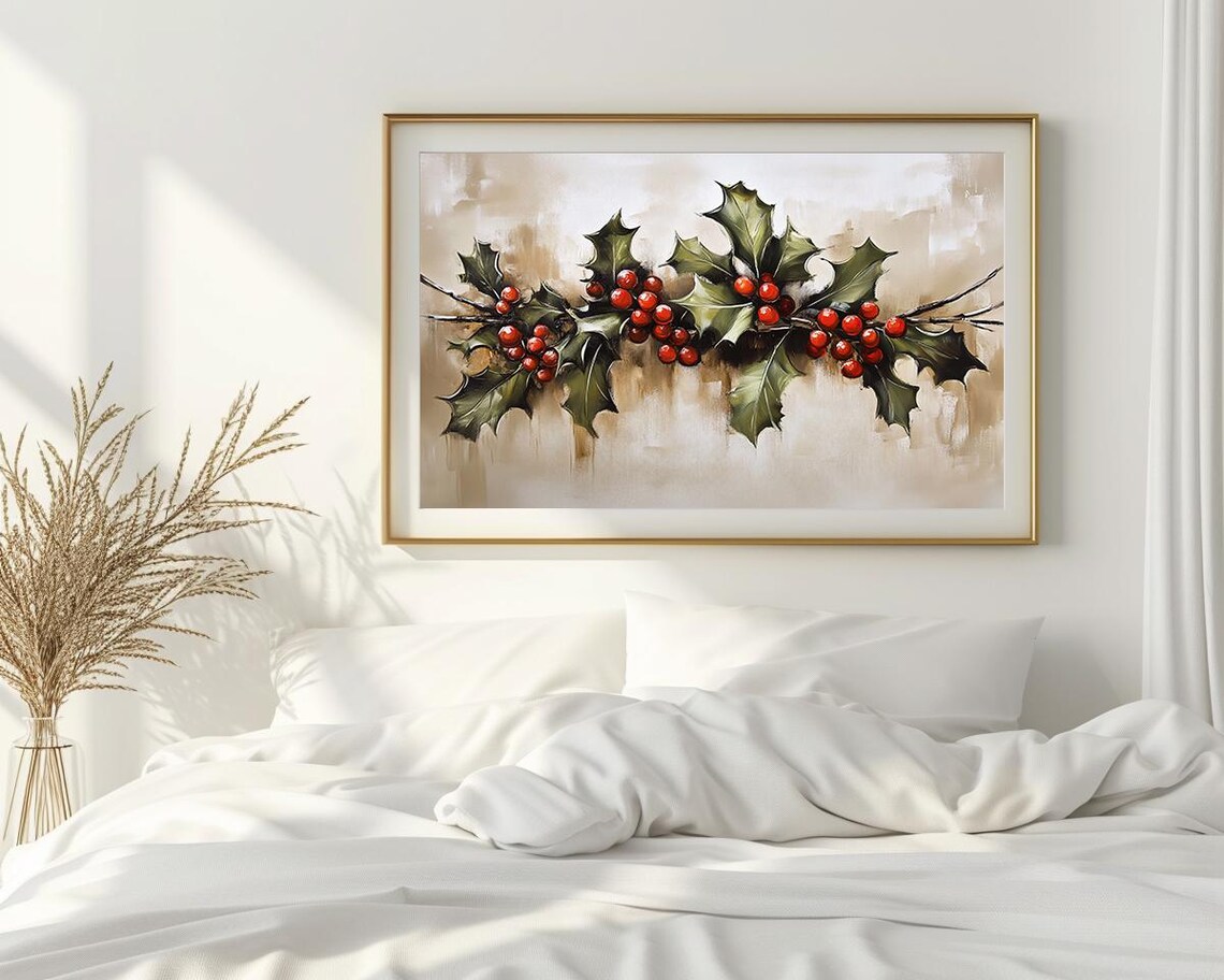 Holly Berry Branch Red Berries Soft Watercolor Christmas Poster - Image 2