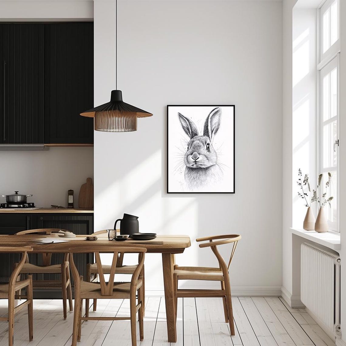 Rabbit Portrait Detailed Black and White Animal Sketch Art Poster - Image 4
