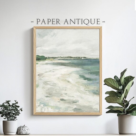 Soft Beach Shoreline Pale Green Watercolor Coastal Painting Poster