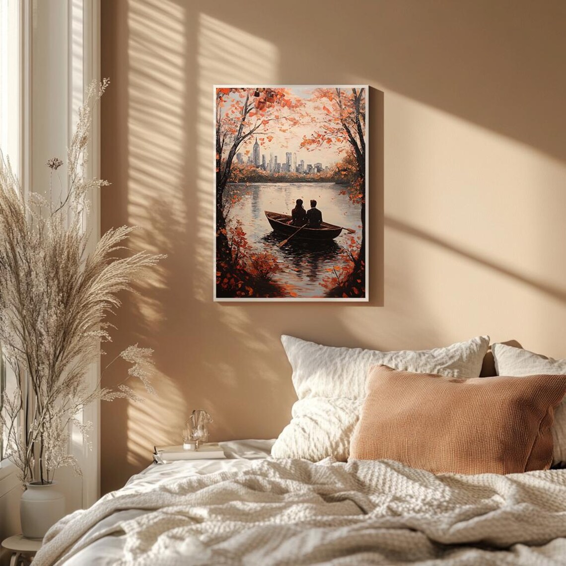 Couple Rowing Boat Autumn Lake City Skyline Romantic Painting Poster - Image 2
