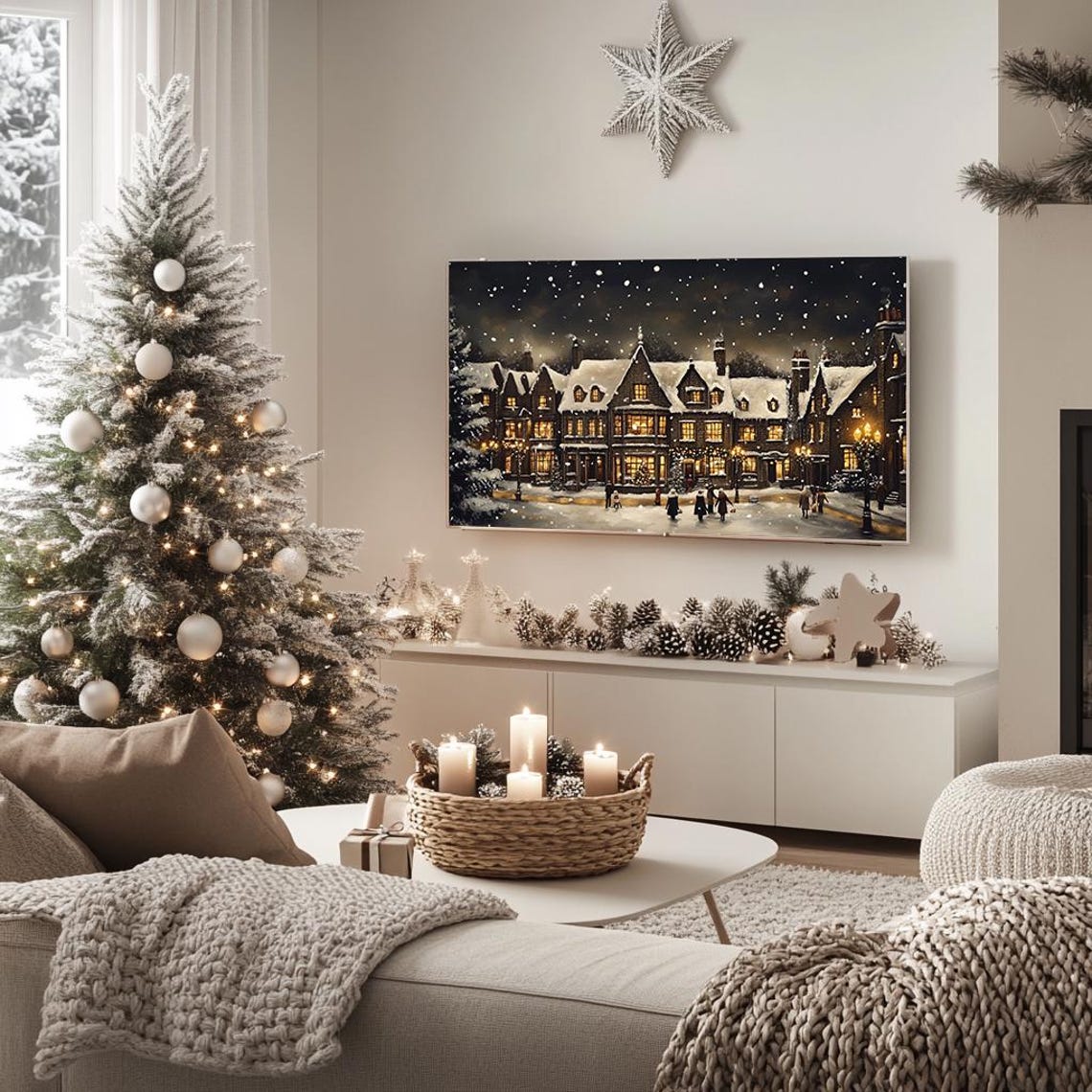 Snowy Village At Night Glowing Windows Falling Snow Panorama Poster - Image 5