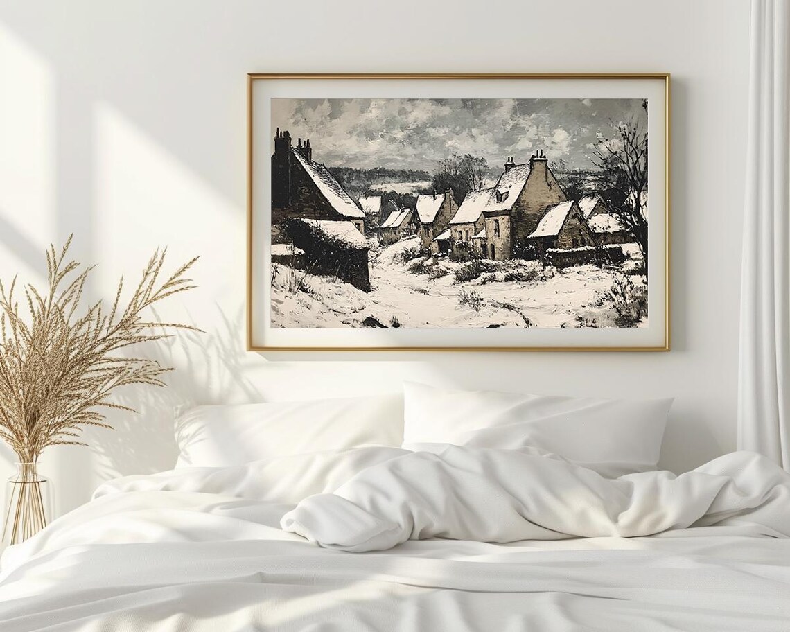 Snowy Village Monochrome Stone Cottages Winter Painting Poster - Image 2