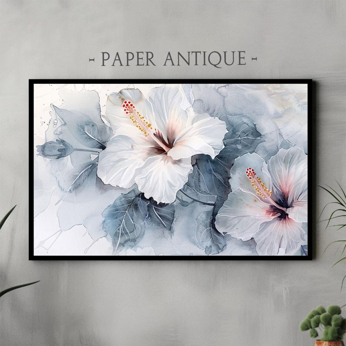 White Hibiscus Ink Wash Painting Blue Grey Floral Art Poster