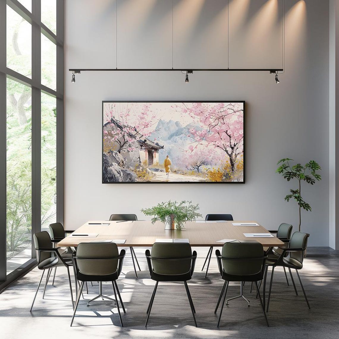 Cherry Blossom Spring Temple Monk Mountain Serene Landscape Poster - Image 3