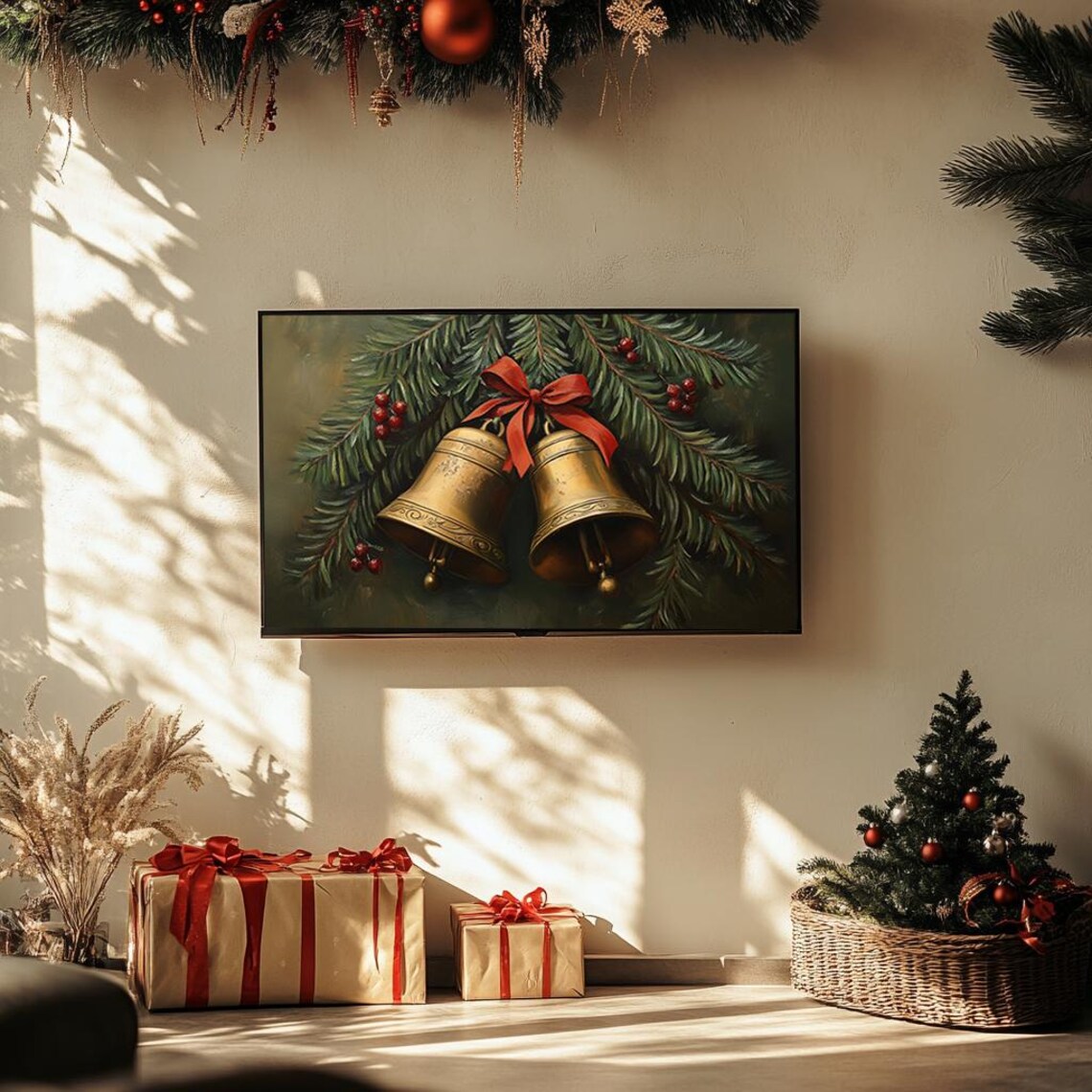 Golden Christmas Bells With Red Bow On Pine Branches Holiday Poster - Image 3