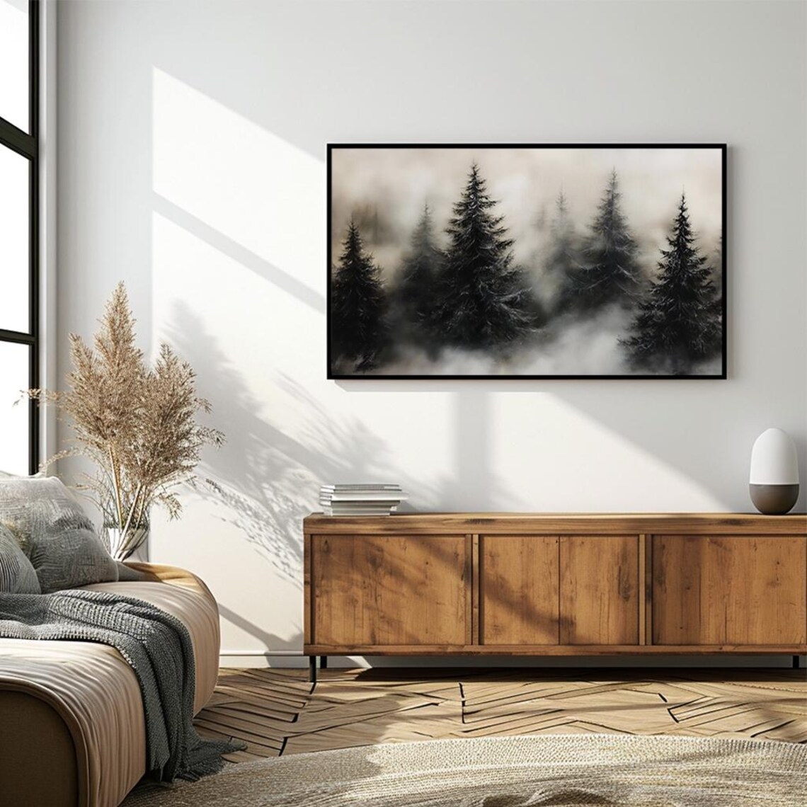 Misty Pine Forest in Fog Moody Black and White Nature Poster - Image 4