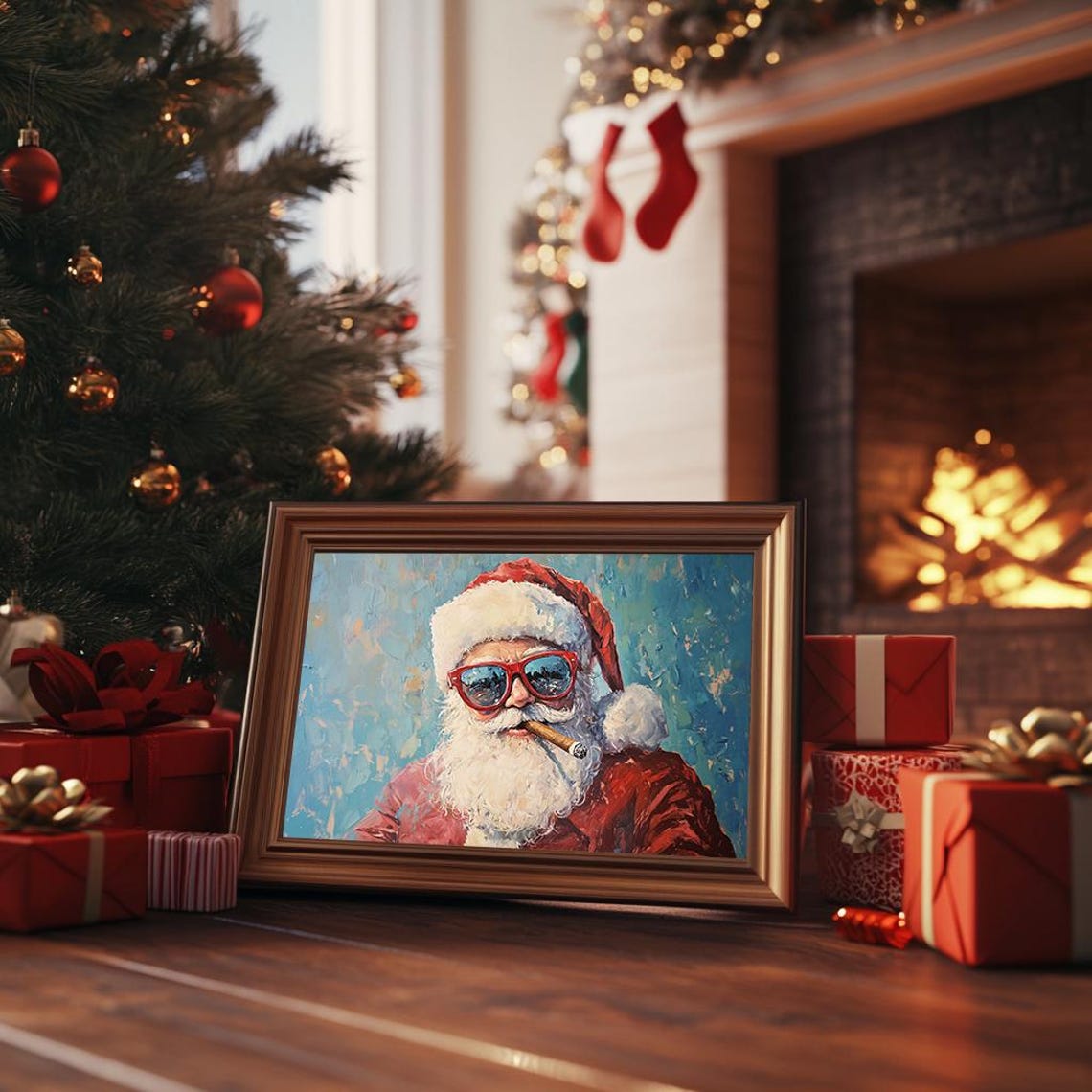 Cool Santa Red Sunglasses Cigar Teal Oil Painting Fun Poster - Image 3