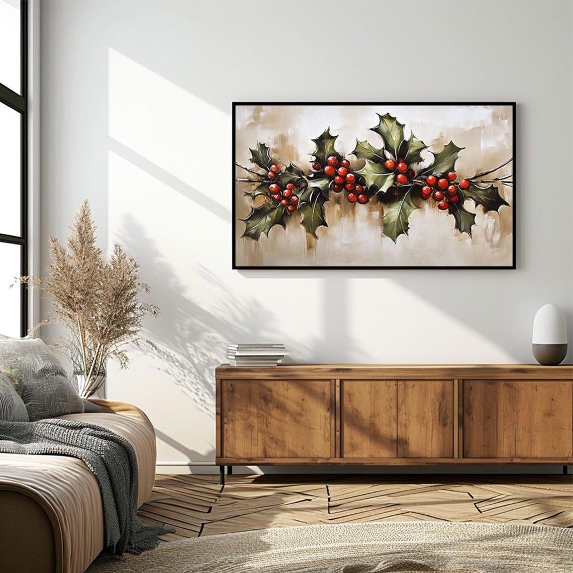 Christmas Holly Branches With Red Berries Rustic Botanical Wall Poster - Image 4
