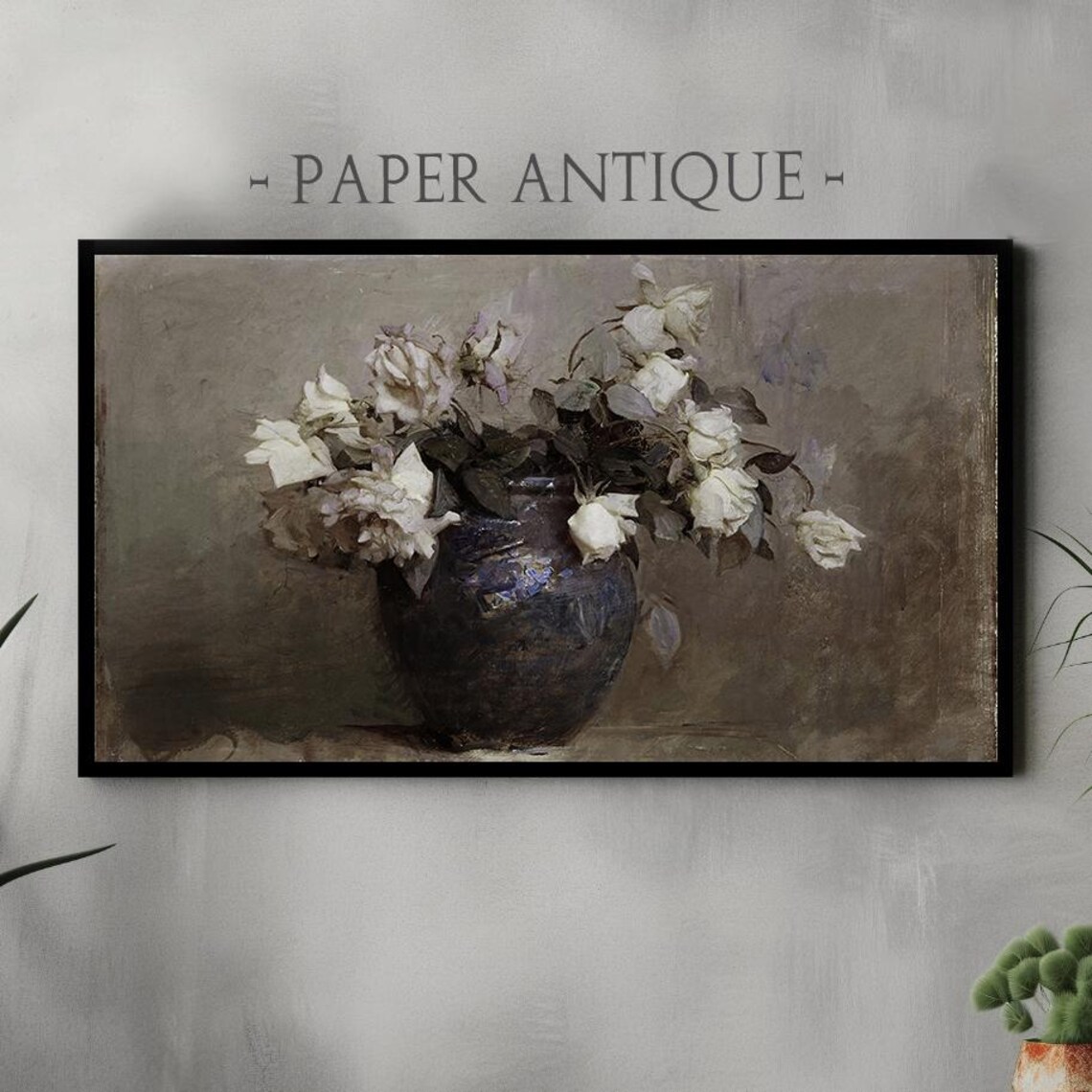 White Roses Blue Vase Vintage Still Life Floral Painting Poster