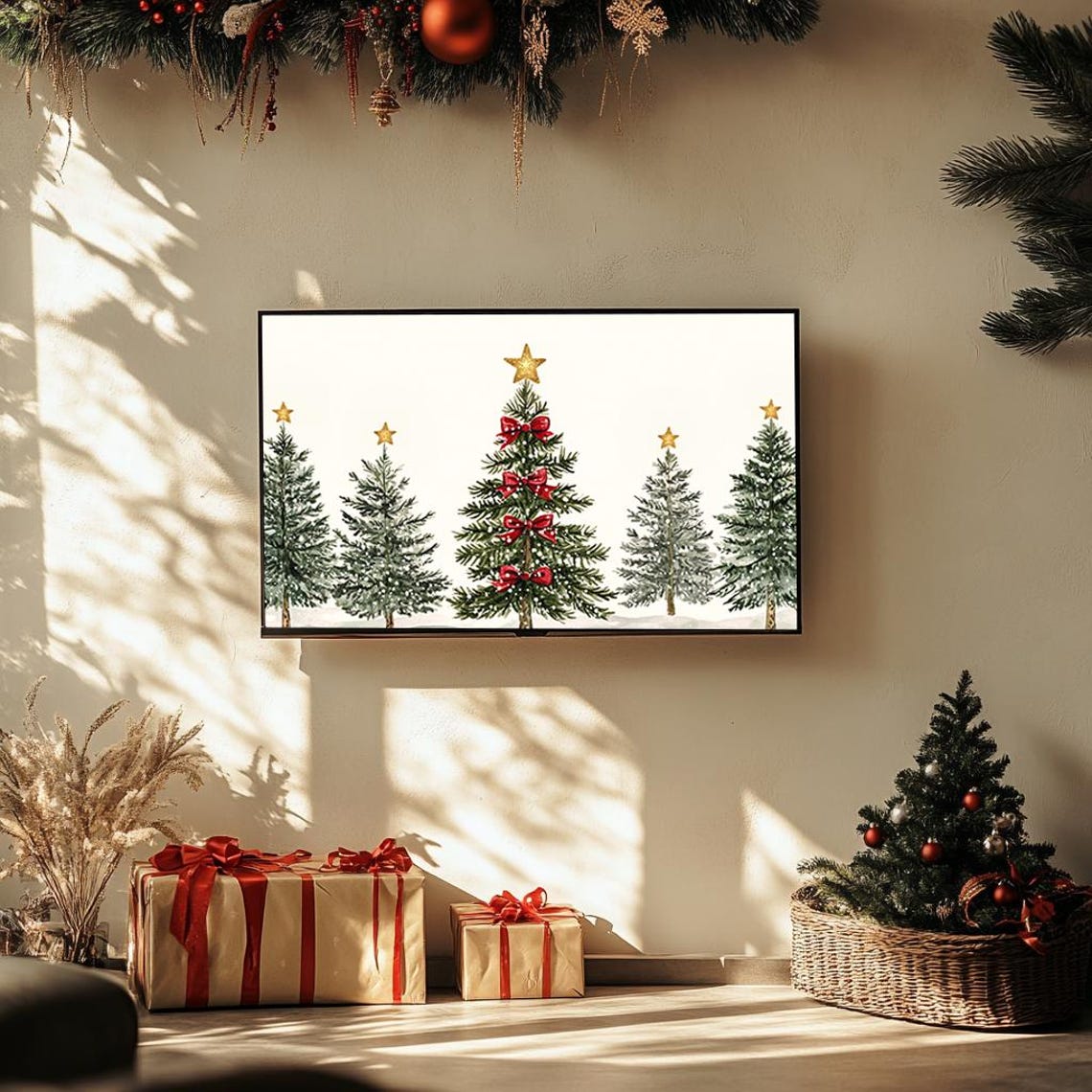 Delicate Watercolor Christmas Trees With Red Bows Festive Poster - Image 2