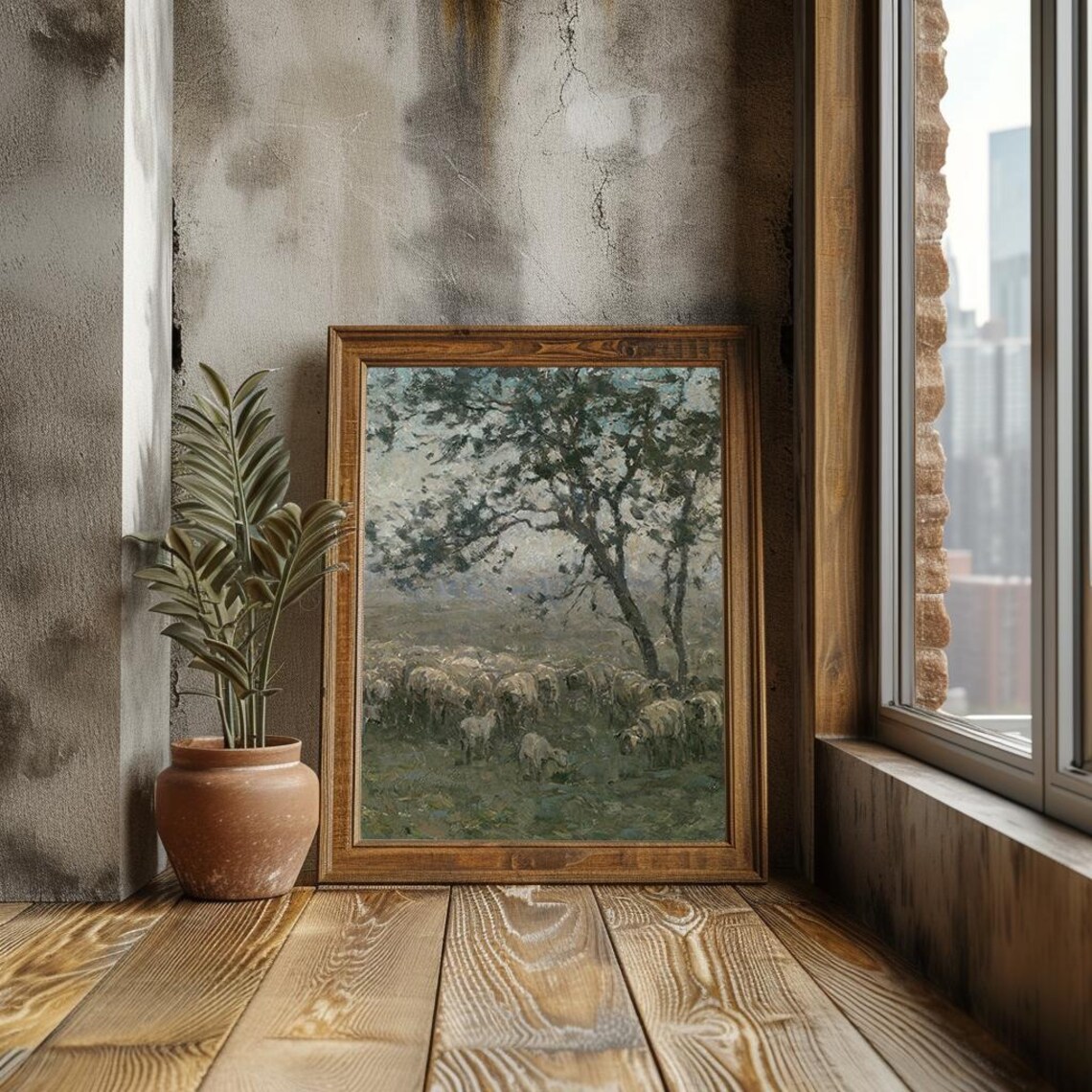 Sheep Grazing Under Ancient Trees Pastoral Oil Painting Poster - Image 3
