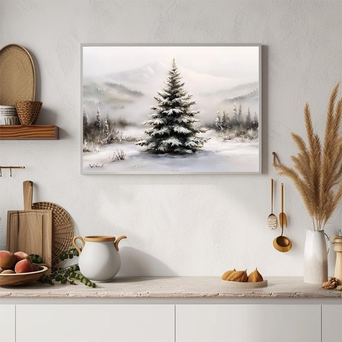 Lone Snowy Pine Tree Minimalist Winter Watercolor Art Poster - Image 2