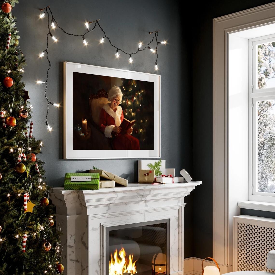 Mrs Claus Reading Book Cozy Christmas Painting Vintage Poster - Image 2