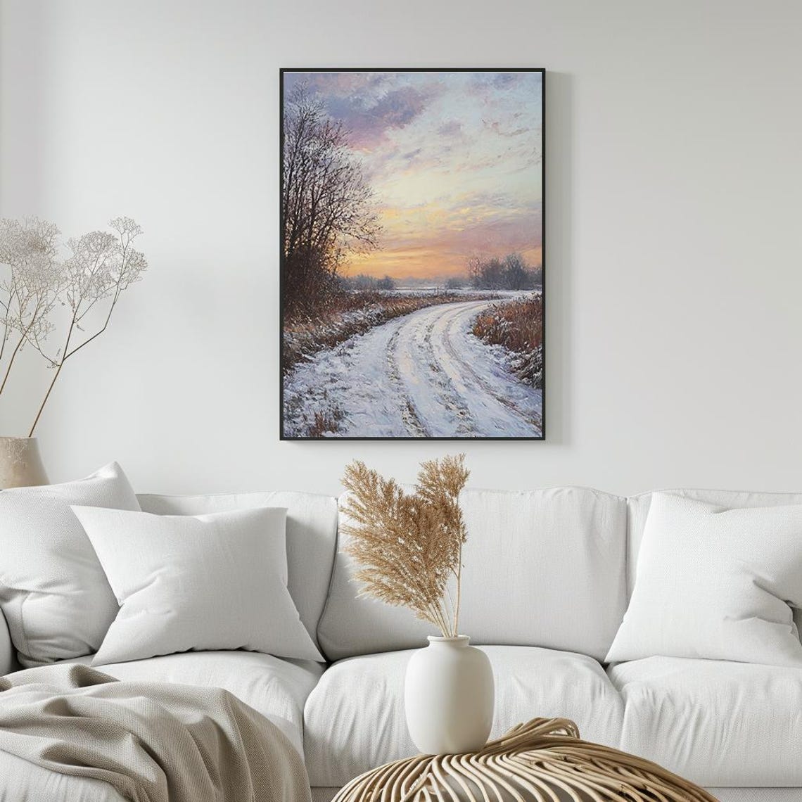 Snowy Country Road Winter Sunset Golden Sky Landscape Poster - Image 5