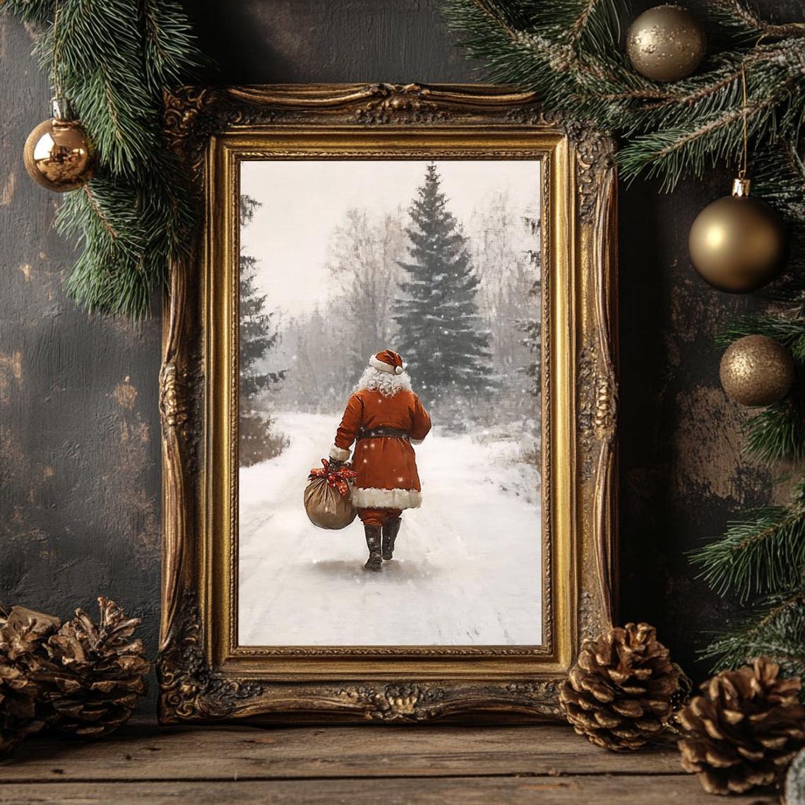 Santa Claus with Gift Sack Walking Through Snowy Forest Poster - Image 4
