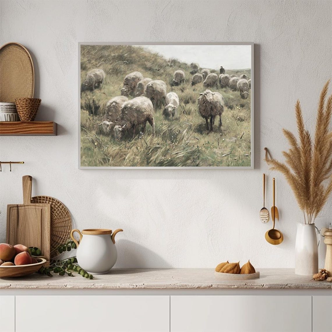 Pastoral Sheep Grazing Field Shepherd Vintage Oil Painting Poster - Image 4