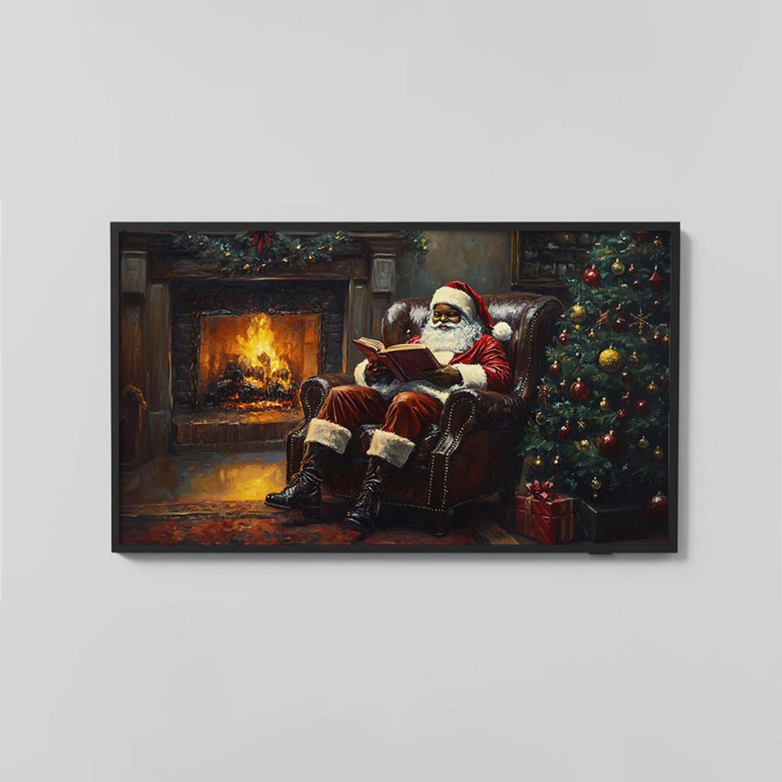 Santa Relaxing by Fireplace Cozy Christmas Oil Painting Poster - Image 2