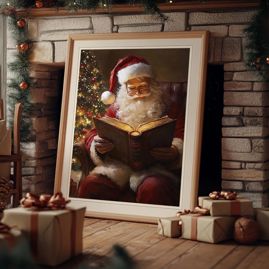 Santa Claus Reading Book By Christmas Tree Cozy Holiday Poster - Image 3