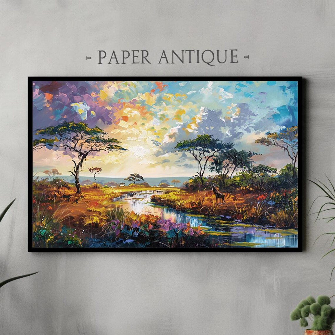 African Savanna Sunset Acacia Trees River Impasto Oil Painting Poster