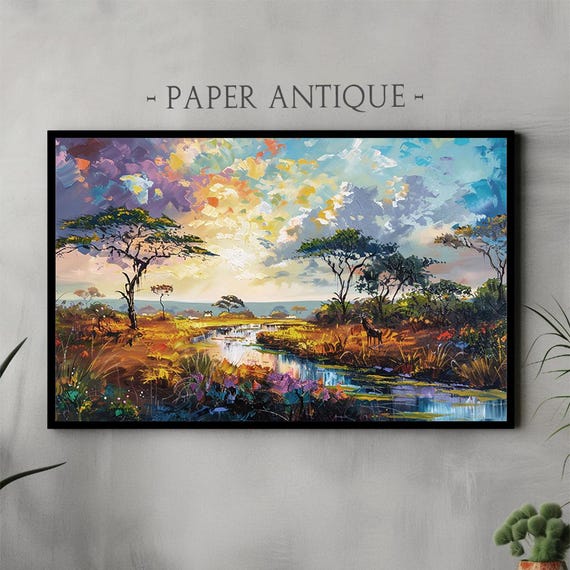 Frame Tv Art Vibrant African Landscape Painting Colorful Sunset With Wildlife Dynamic Nature Wall Art For Frame Tv Instant