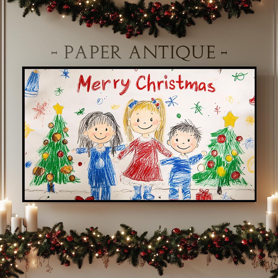 Merry Christmas Kids Crayon Drawing Joyful Children Tree Poster