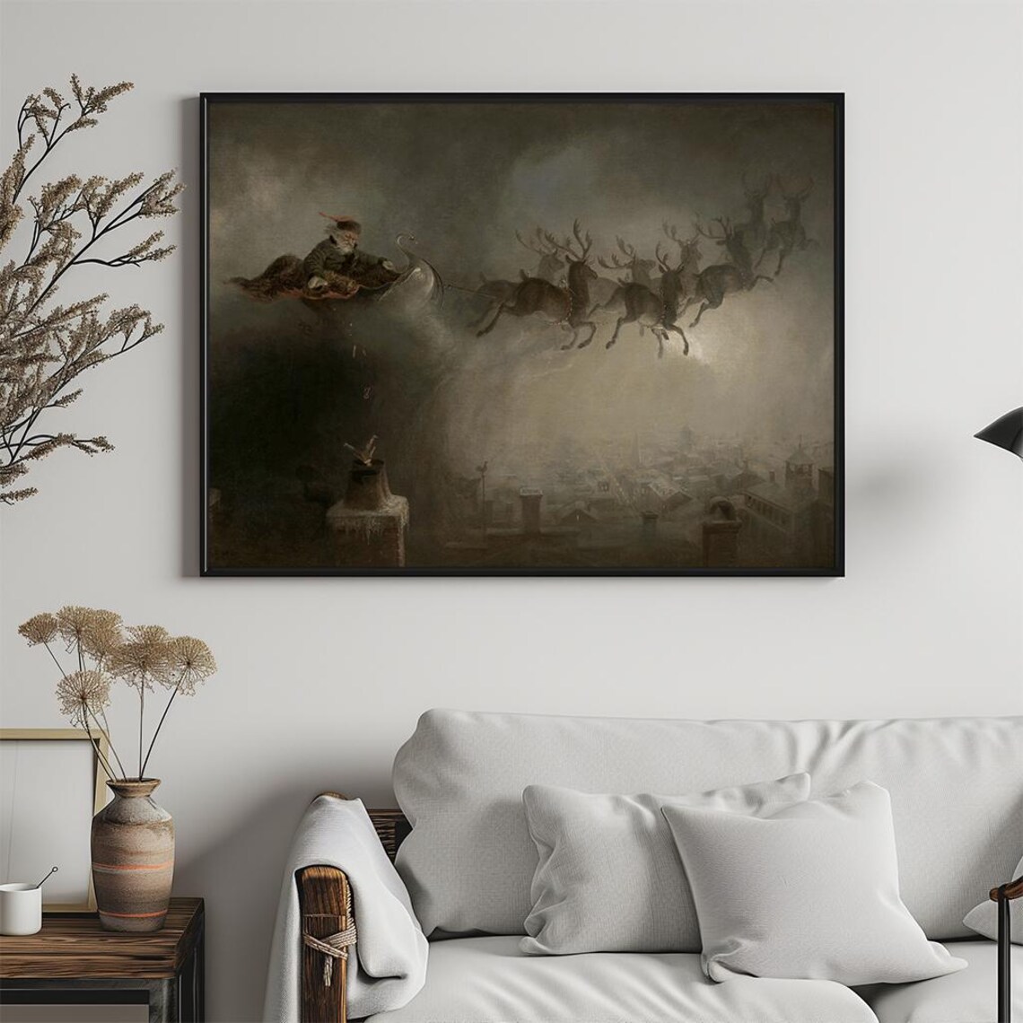 Santa Claus Flying Sleigh Reindeer Over City Vintage Painting Poster - Image 5