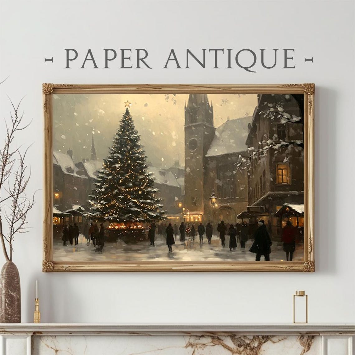 Christmas Market Lit Tree Dusk Snowfall Vintage Holiday Poster
