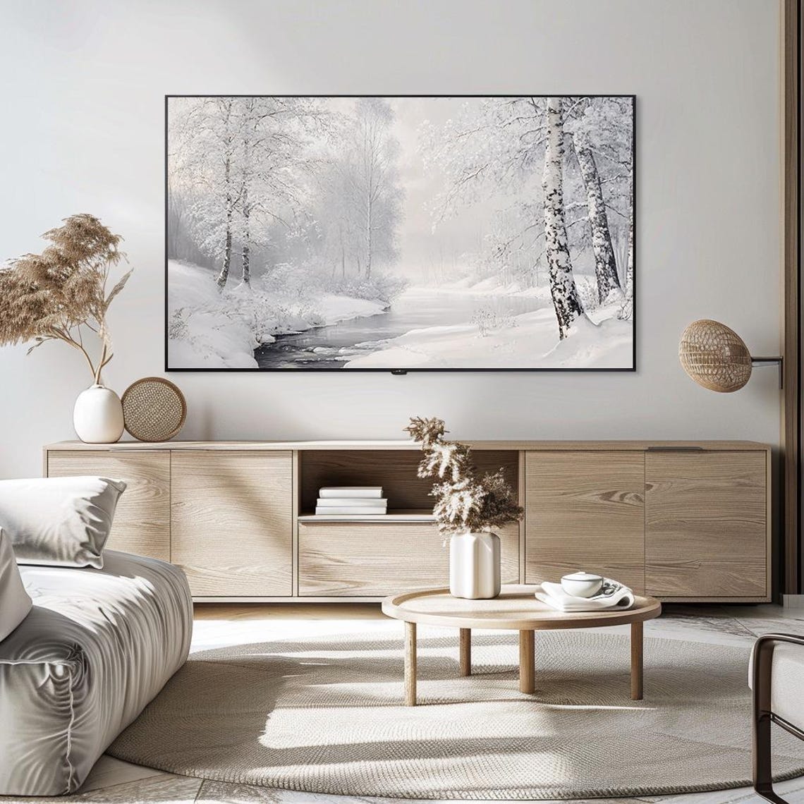 Snowy Birch Trees By Frozen Stream White Winter Nature Poster - Image 5